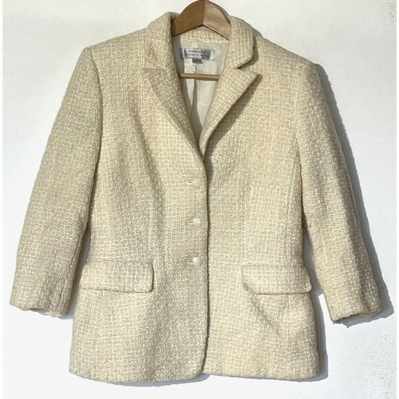 Tahari ASL Beige Cream Metallic Wool blend Tweed Textured Blazer Jacket - Picture 2 of 13
